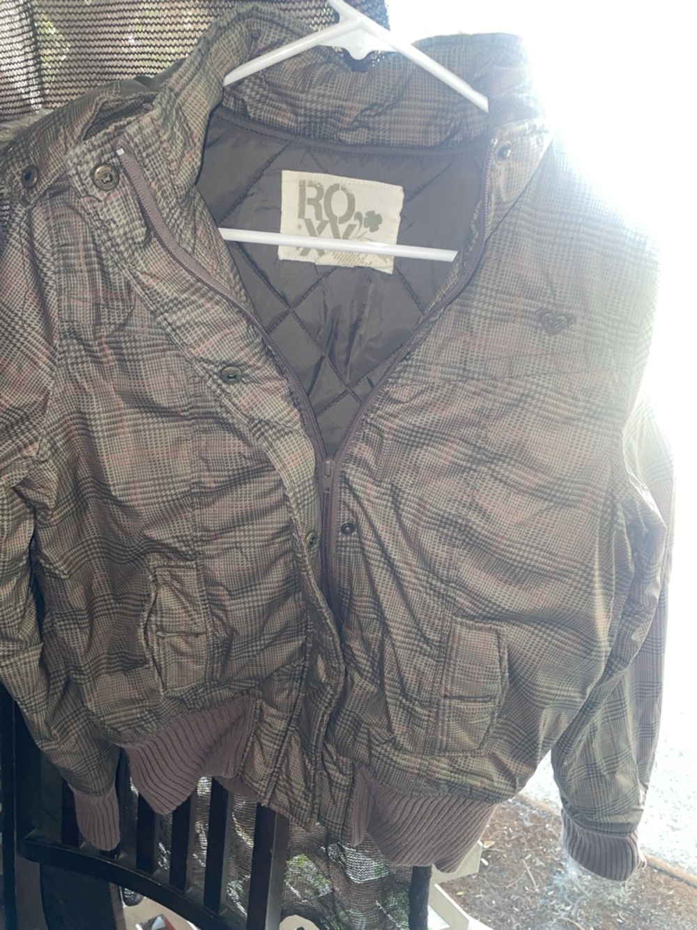 Roxy Olive Plaid Quilted Bomber Jacket
